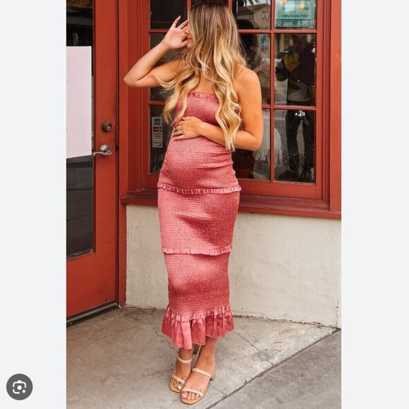 Mable Satin Smocked Fitted Ruffled Midi Dress Mauve Size Small - Picture 8 of 13